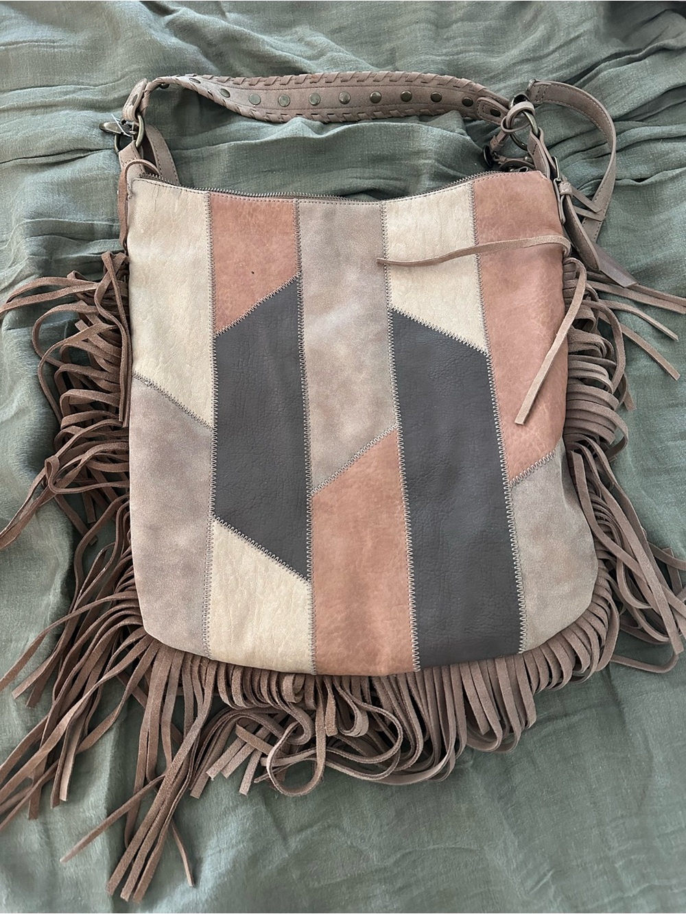 Jessica Simpson Suede Fringe Patchwork Shoulder Bag - Taupe, Blush & Cream
